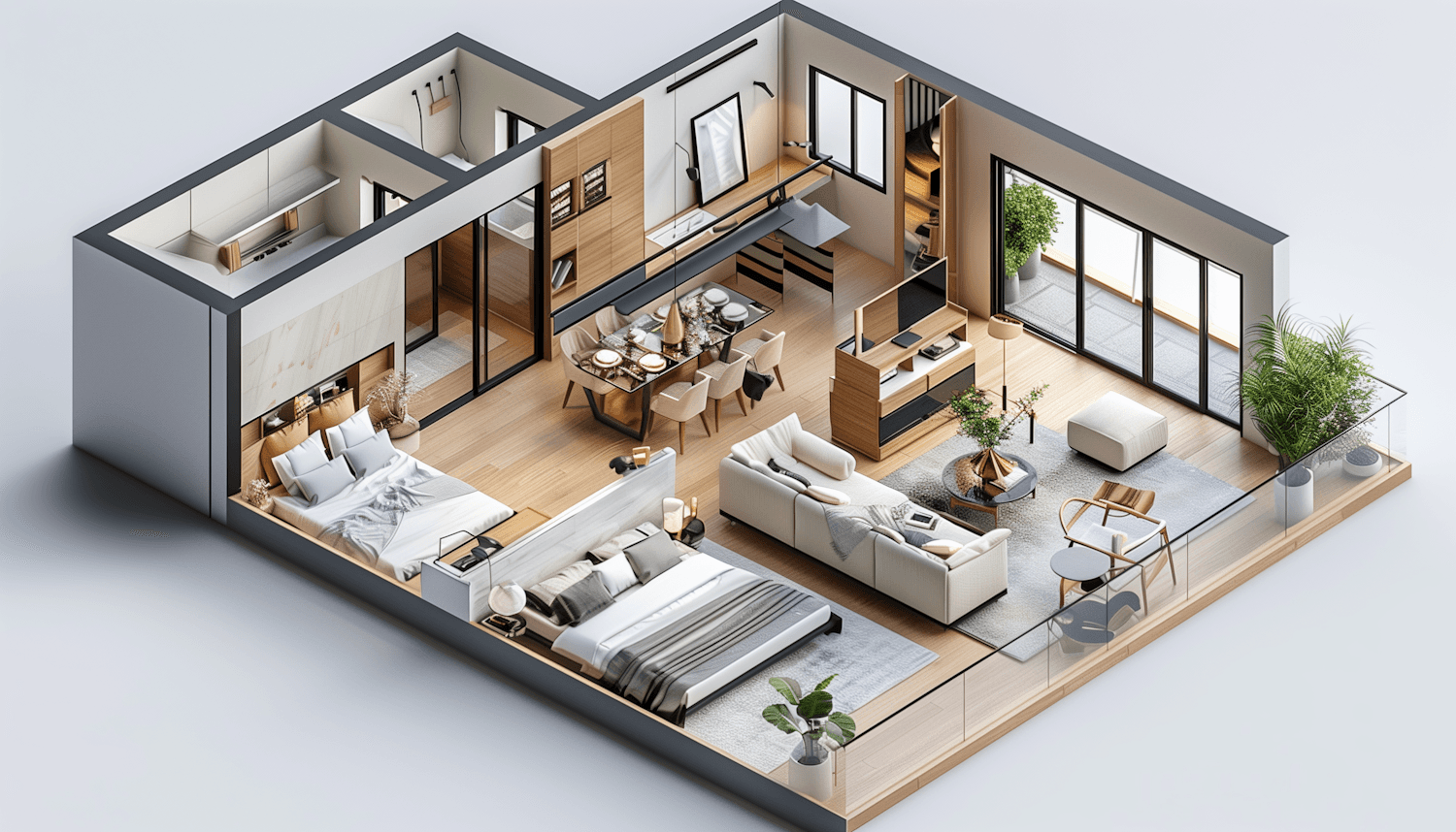 A cutaway model of a furnished two bedroom apartment seen from above