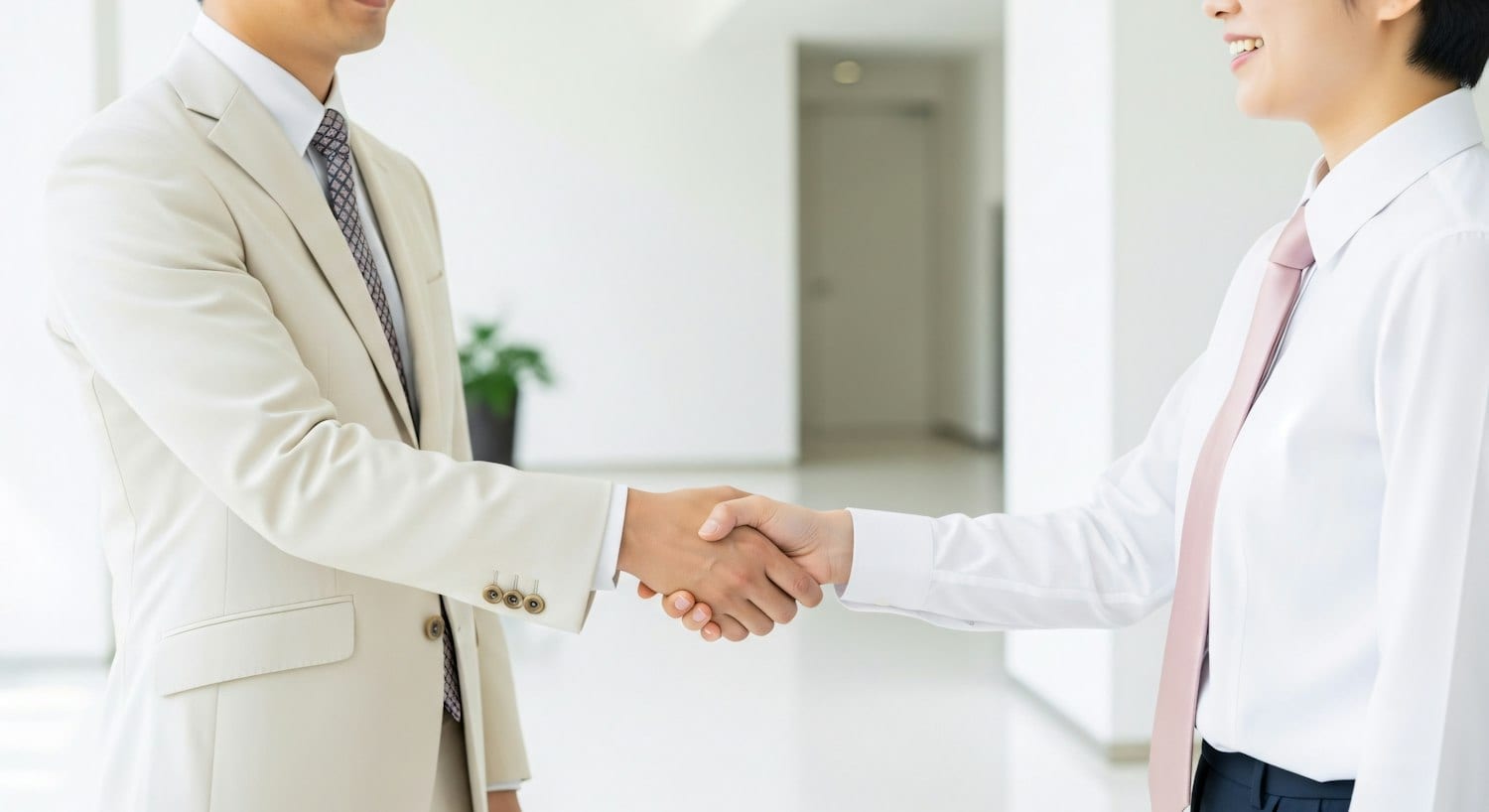 Two professionals shaking hands in a bright office