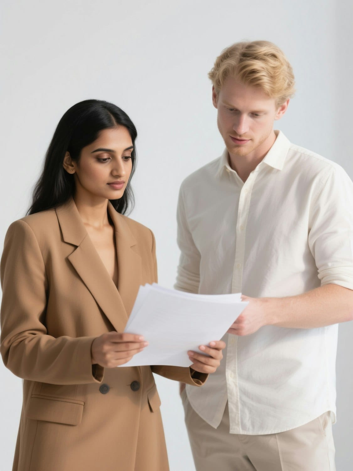 Two professionals reading through a set of documents together